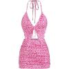 imageSHENHE Womens Y2k 2 Piece Sexy Outfits Backless Halter Crop Top and Ruched Bodycon Mini Skirt SetLeopard Print Pink
