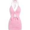 imageSHENHE Womens Y2k 2 Piece Sexy Outfits Backless Halter Crop Top and Ruched Bodycon Mini Skirt SetPink