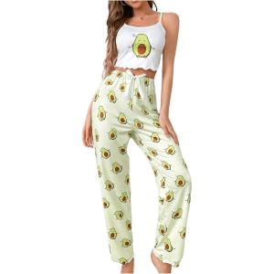 imageSHENHE Womens 2 Piece Cute Cartoon Print Sleeveless Cami Top and Pants Sleeveless Pajama SetsAvocado Green White