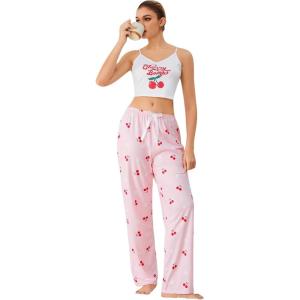 imageSHENHE Womens 2 Piece Cute Cartoon Print Sleeveless Cami Top and Pants Sleeveless Pajama SetsCherry White Pink