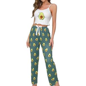 imageSHENHE Womens 2 Piece Cute Cartoon Print Sleeveless Cami Top and Pants Sleeveless Pajama SetsFruit Green White
