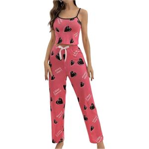 imageSHENHE Womens 2 Piece Cute Cartoon Print Sleeveless Cami Top and Pants Sleeveless Pajama SetsHeart Shaped Pink