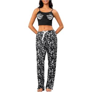 imageSHENHE Womens 2 Piece Cute Cartoon Print Sleeveless Cami Top and Pants Sleeveless Pajama SetsSkeleton Black
