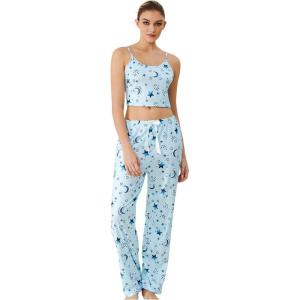 imageSHENHE Womens 2 Piece Cute Cartoon Print Sleeveless Cami Top and Pants Sleeveless Pajama SetsStar Moon Blue