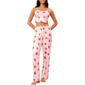 imageSHENHE Womens 2 Piece Cute Cartoon Print Sleeveless Cami Top and Pants Sleeveless Pajama SetsStrawberry Pink