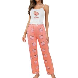 imageSHENHE Womens 2 Piece Cute Cartoon Print Sleeveless Cami Top and Pants Sleeveless Pajama SetsWhite and Pink