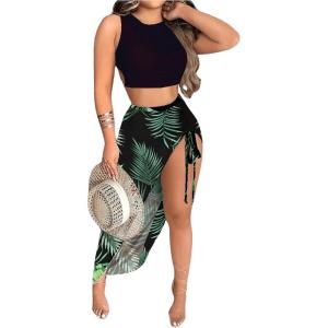 imageSHENHE Womens 2 Piece Outfits Boho Skirt Sets Tie Back Cropped Tank Top and Slit Maxi SkirtBlack