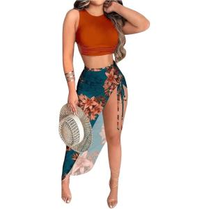 imageSHENHE Womens 2 Piece Outfits Boho Skirt Sets Tie Back Cropped Tank Top and Slit Maxi SkirtBrown