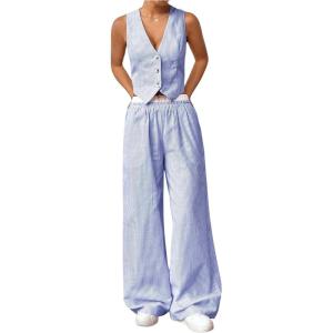 imageSHENHE Womens 2 Piece Outfits Striped Button Up Crop Vest and Wide Leg Loose Pants SetBlue