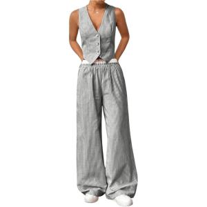 imageSHENHE Womens 2 Piece Outfits Striped Button Up Crop Vest and Wide Leg Loose Pants SetGrey