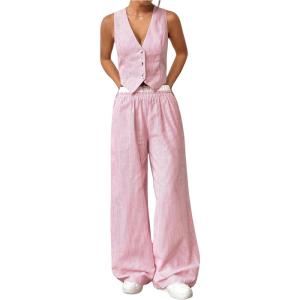 imageSHENHE Womens 2 Piece Outfits Striped Button Up Crop Vest and Wide Leg Loose Pants SetPink