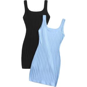 imageSHENHE Womens 2Pcs Basic Solid Ribbed Tank Dress Scoop Neck Sleeveless Bodycon Mini DressBlack and Blue