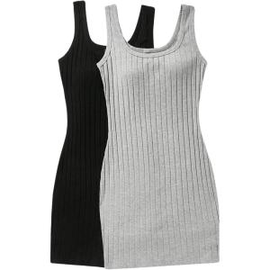 imageSHENHE Womens 2Pcs Basic Solid Ribbed Tank Dress Scoop Neck Sleeveless Bodycon Mini DressBlack and Grey