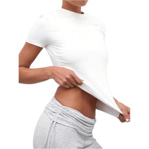 imageSHENHE Womens Crew Neck Short Sleeve Basic Tee Fitted Plain Cropped Tshirt Summer TopWhite