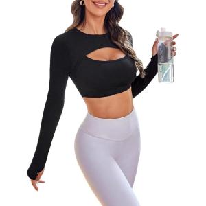 imageSHENHE Womens Cut Out Long Sleeve Athletic Compression Sports Workout Yoga Crop TopBlack