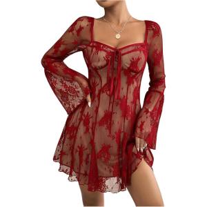 imageSHENHE Womens Floral Mesh Sweetheart Neck Long Flare Sleeve A Line Flare Sexy Mini DressRed
