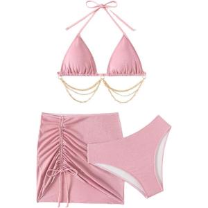imageSHENHE Womens Fringe 2 Piece Vacation Outfits Halter Crop Top and Twisted Slit Skirt SetDusty Pink