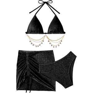 imageSHENHE Womens Fringe 2 Piece Vacation Outfits Halter Crop Top and Twisted Slit Skirt SetGlitter Black