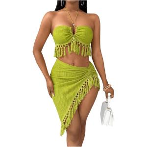 imageSHENHE Womens Fringe 2 Piece Vacation Outfits Halter Crop Top and Twisted Slit Skirt SetGreen