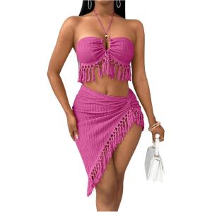 imageSHENHE Womens Fringe 2 Piece Vacation Outfits Halter Crop Top and Twisted Slit Skirt SetHot Pink