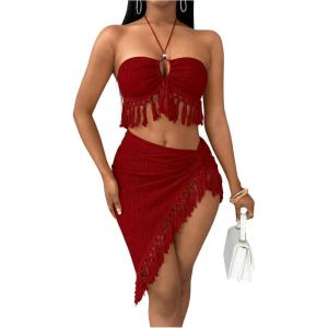 imageSHENHE Womens Fringe 2 Piece Vacation Outfits Halter Crop Top and Twisted Slit Skirt SetRed