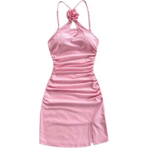 imageSHENHE Womens Halter Neck 3D Flower Rosette Dress Keyhole Ruched Bodycon Slit Mini DressPink