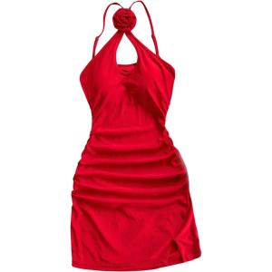 imageSHENHE Womens Halter Neck 3D Flower Rosette Dress Keyhole Ruched Bodycon Slit Mini DressRed