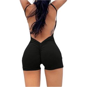 imageSHENHE Womens Lace Trim Scoop Neck Sleeveless Workout Cami Bodysuit Unitard Romper Jumpsuit Open Back Black Large