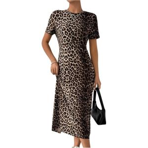 imageSHENHE Womens Leopard Print Short Sleeve Tshirt Dress Back Slit Casual Midi DressBrown
