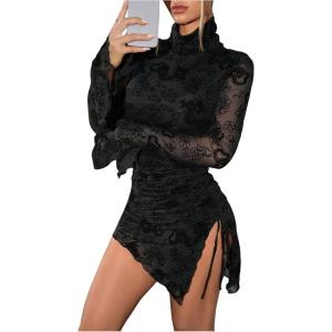 imageSHENHE Womens Mock Neck Ruched Drawstring Slit Long Sleeve Mesh Sexy Bodycon Mini DressBlack a