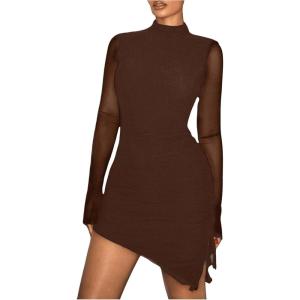 imageSHENHE Womens Mock Neck Ruched Drawstring Slit Long Sleeve Mesh Sexy Bodycon Mini DressBrown Solid