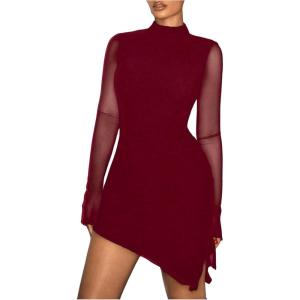 imageSHENHE Womens Mock Neck Ruched Drawstring Slit Long Sleeve Mesh Sexy Bodycon Mini DressBurgundy Solid