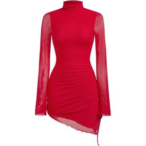 imageSHENHE Womens Mock Neck Ruched Drawstring Slit Long Sleeve Mesh Sexy Bodycon Mini DressRed