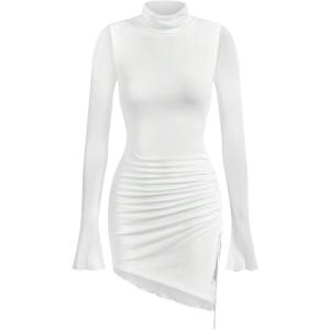 imageSHENHE Womens Mock Neck Ruched Drawstring Slit Long Sleeve Mesh Sexy Bodycon Mini DressWhite Solid