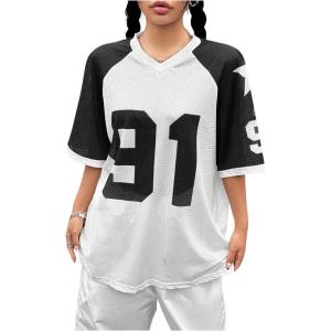 imageSHENHE Womens Oversized Football Jersey Top Y2K 90s Number Print Crewneck Short Sleeve Loose Mesh ShirtBlack