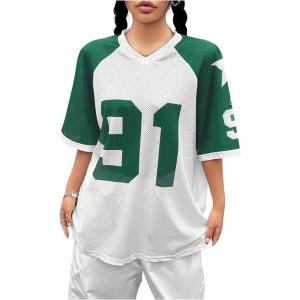imageSHENHE Womens Oversized Football Jersey Top Y2K 90s Number Print Crewneck Short Sleeve Loose Mesh ShirtGreen