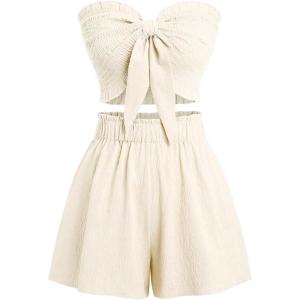 imageSHENHE Womens Summer 2 Piece Outfits Smocked Knot Crop Tube Top and Wide Leg Paperbag Shorts SetBeige