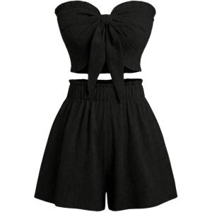 imageSHENHE Womens Summer 2 Piece Outfits Smocked Knot Crop Tube Top and Wide Leg Paperbag Shorts SetBlack