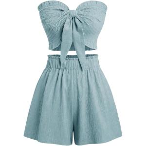 imageSHENHE Womens Summer 2 Piece Outfits Smocked Knot Crop Tube Top and Wide Leg Paperbag Shorts SetBlue