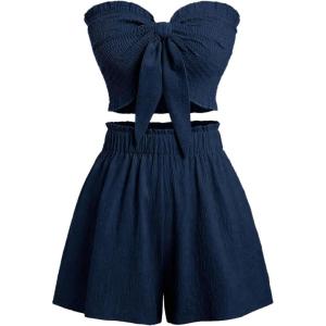 imageSHENHE Womens Summer 2 Piece Outfits Smocked Knot Crop Tube Top and Wide Leg Paperbag Shorts SetDeep Blue