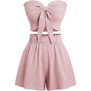 imageSHENHE Womens Summer 2 Piece Outfits Smocked Knot Crop Tube Top and Wide Leg Paperbag Shorts SetDusty Pink