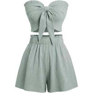 imageSHENHE Womens Summer 2 Piece Outfits Smocked Knot Crop Tube Top and Wide Leg Paperbag Shorts SetGreen