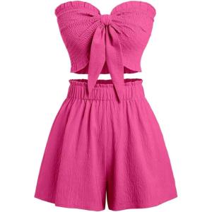 imageSHENHE Womens Summer 2 Piece Outfits Smocked Knot Crop Tube Top and Wide Leg Paperbag Shorts SetHot Pink