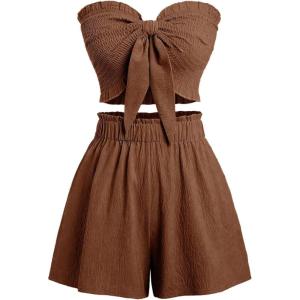 imageSHENHE Womens Summer 2 Piece Outfits Smocked Knot Crop Tube Top and Wide Leg Paperbag Shorts SetMocha Brown