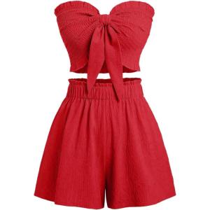 imageSHENHE Womens Summer 2 Piece Outfits Smocked Knot Crop Tube Top and Wide Leg Paperbag Shorts SetRed