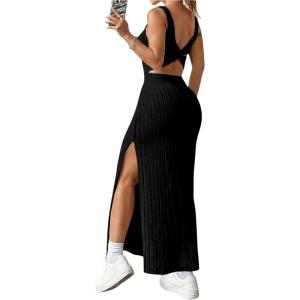 imageSHENHE Womens Thigh Slit Maxi Dress Square Neck Cut Out Twist Backless Bodycon Knit Tank DressBlack