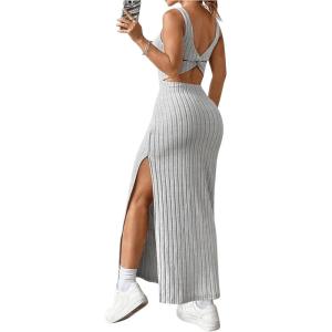 imageSHENHE Womens Thigh Slit Maxi Dress Square Neck Cut Out Twist Backless Bodycon Knit Tank DressLight Grey