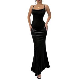 imageSHENHE Womens Velvet Maxi Dress Criss Cross Open Back Bodycon Sexy Spaghetti Strap Slip Long Dress PartyBlack