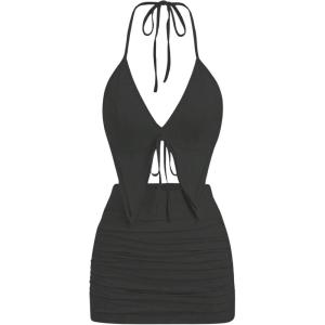 imageSHENHE Womens Y2k 2 Piece Sexy Outfits Backless Halter Crop Top and Ruched Bodycon Mini Skirt SetBlack