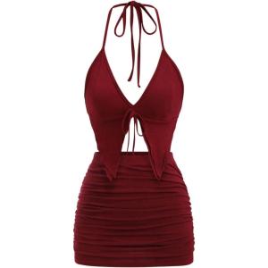 imageSHENHE Womens Y2k 2 Piece Sexy Outfits Backless Halter Crop Top and Ruched Bodycon Mini Skirt SetBurgundy